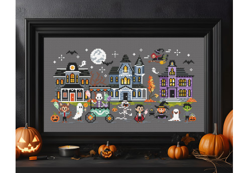 Halloween trick or treat lane cross stitch pattern
