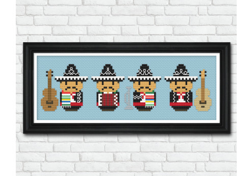 Adorable cross stitch pattern of a cute mariachi band, perfect for fans of Mexican culture and music. Ideal for embroidery lovers seeking unique, colorful designs. Great for home decor, party gifts, and festive crafts like Cinco de Mayo
