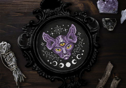 Third Eye Meow - PDF cross stitch pattern witches cat embroidery moon phases gothic sphynx