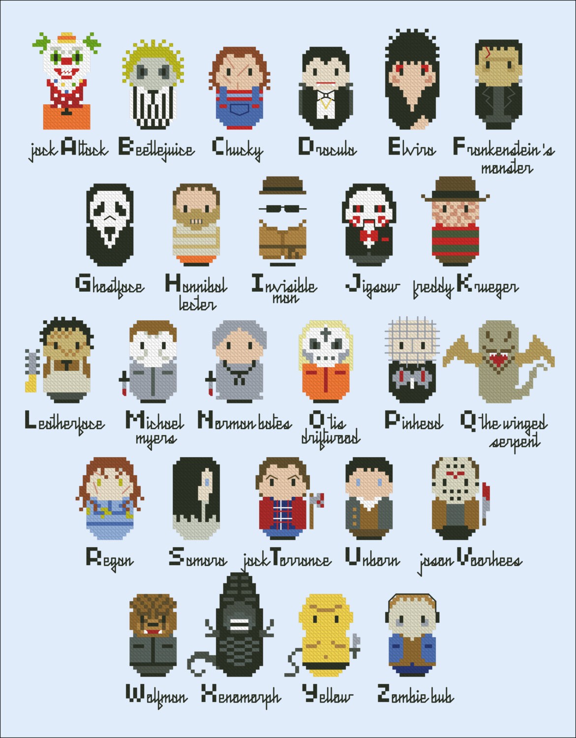 Horror Movies alphabet sampler