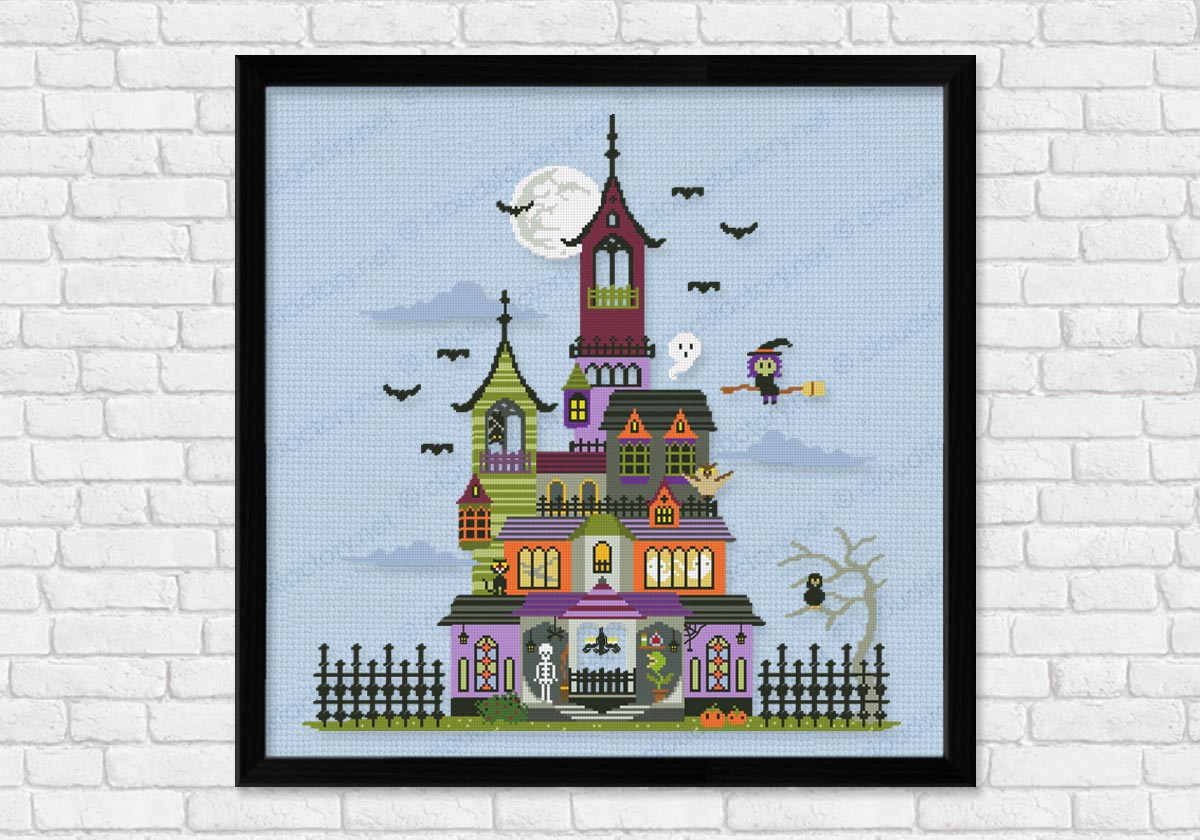 Halloween Haunted House Black Cross Stitch Pattern 